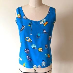 Vintage size 6 blue silk shell top beach print
